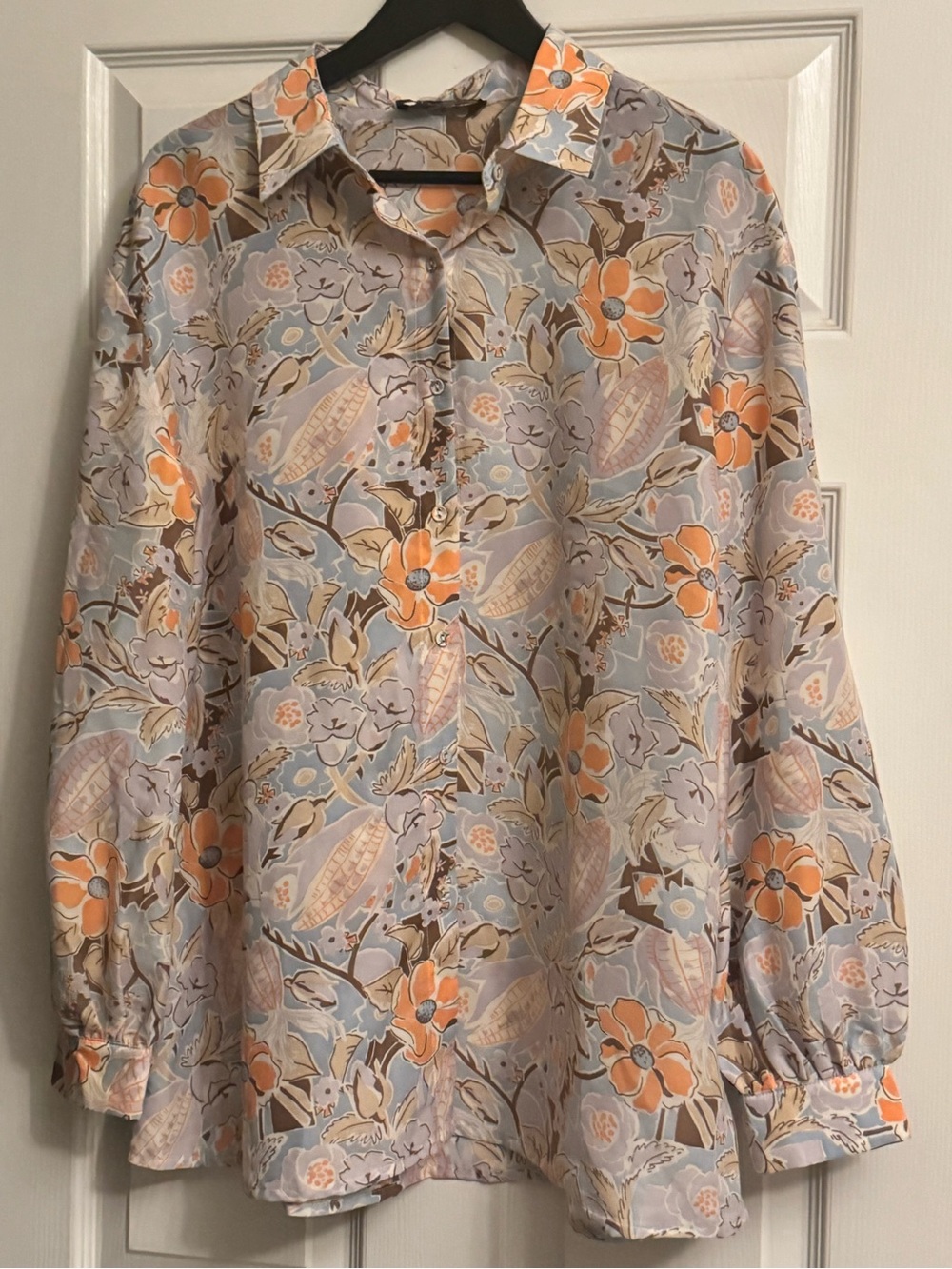 Kittenish Floral Button-Front Long-Sleeve Blouse in Soft Lavender and Orange